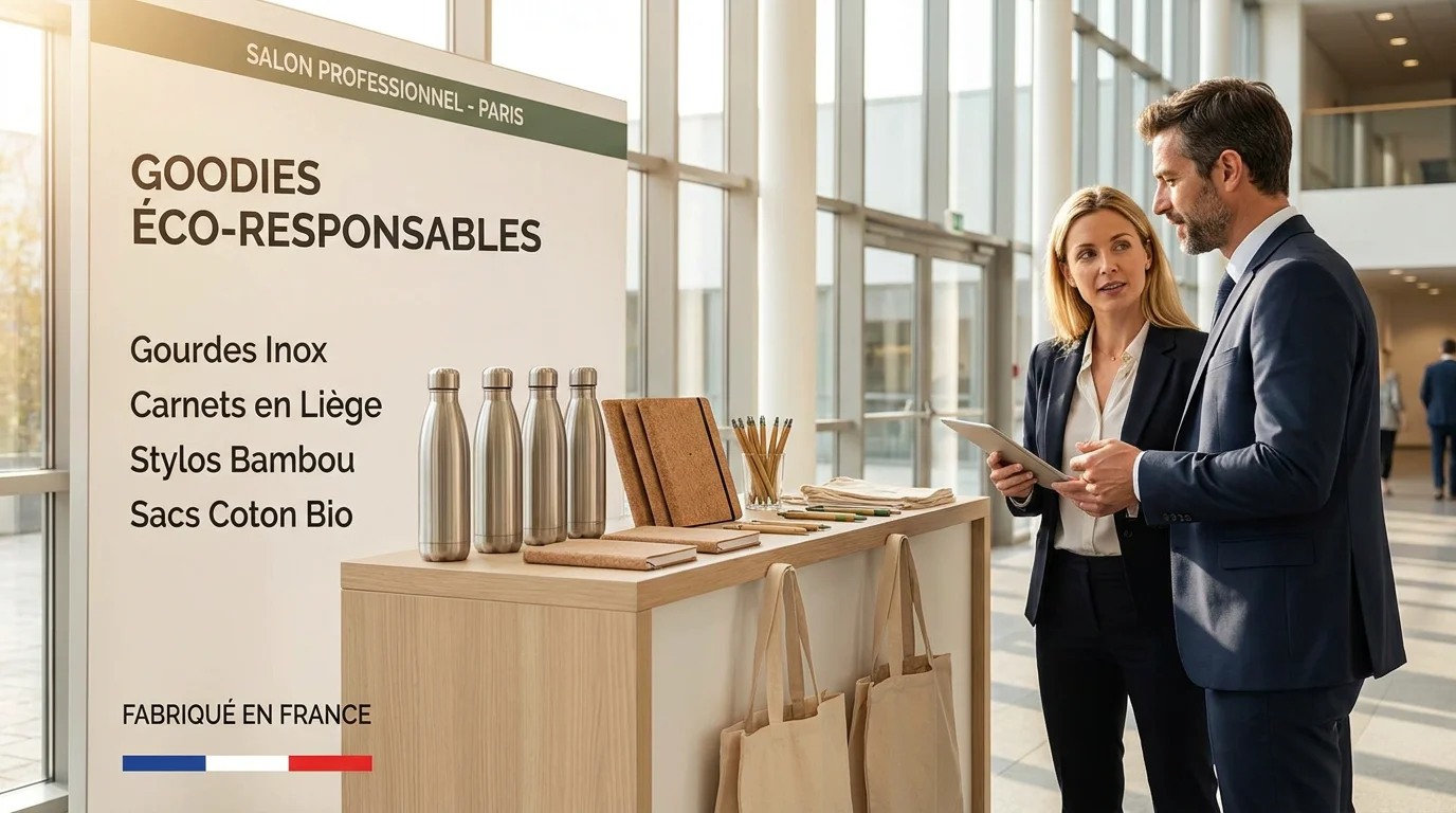 Stand professionnel présentant des goodies éco-responsables lors d'un salon en France