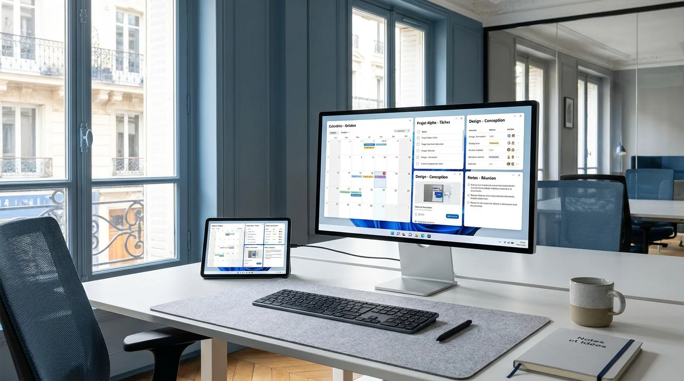 Espace de travail avec tablette connectée à un écran externe pour le multitâche avancé