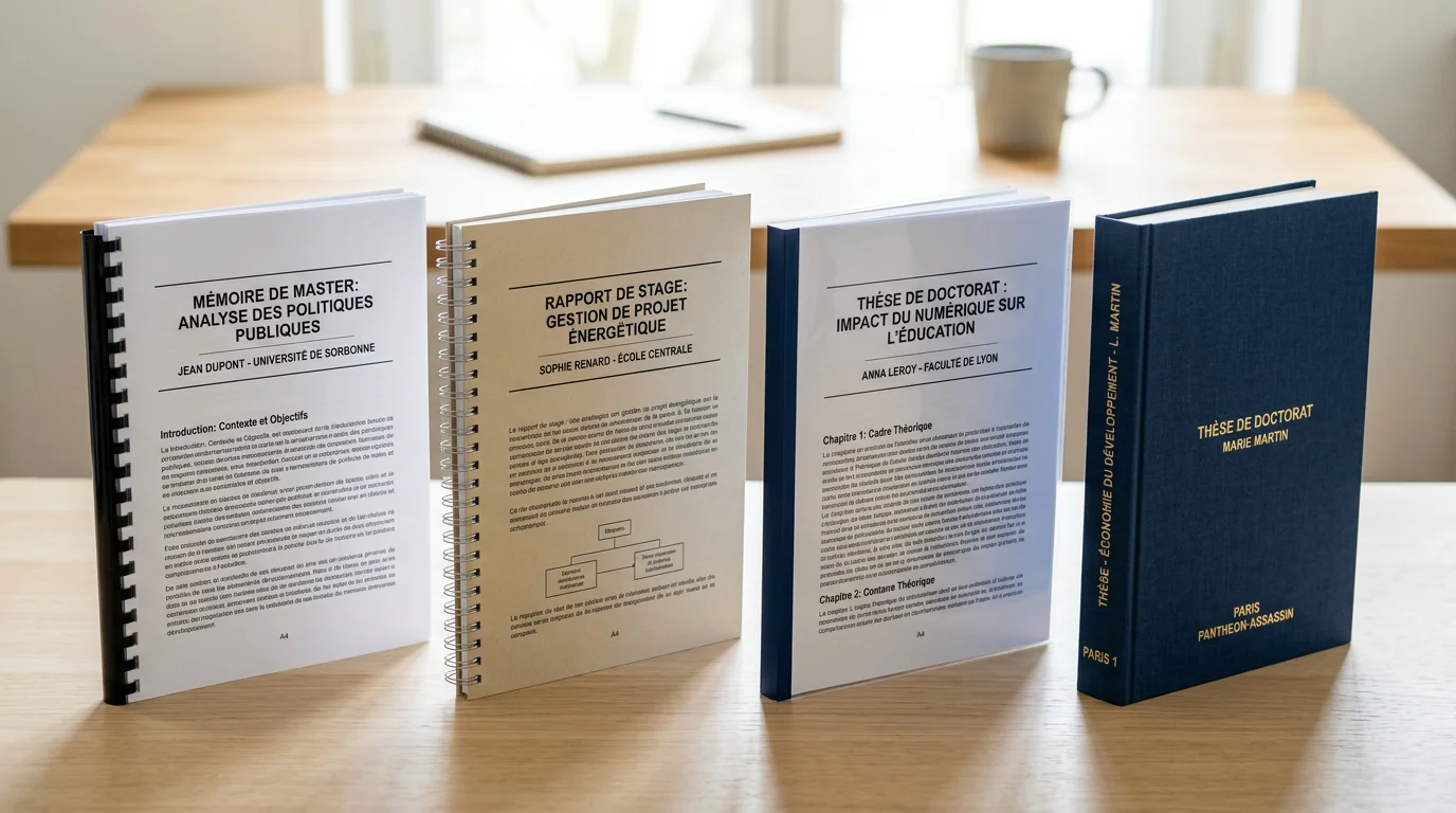 Quatre types de reliure de mémoire posés sur un bureau clair