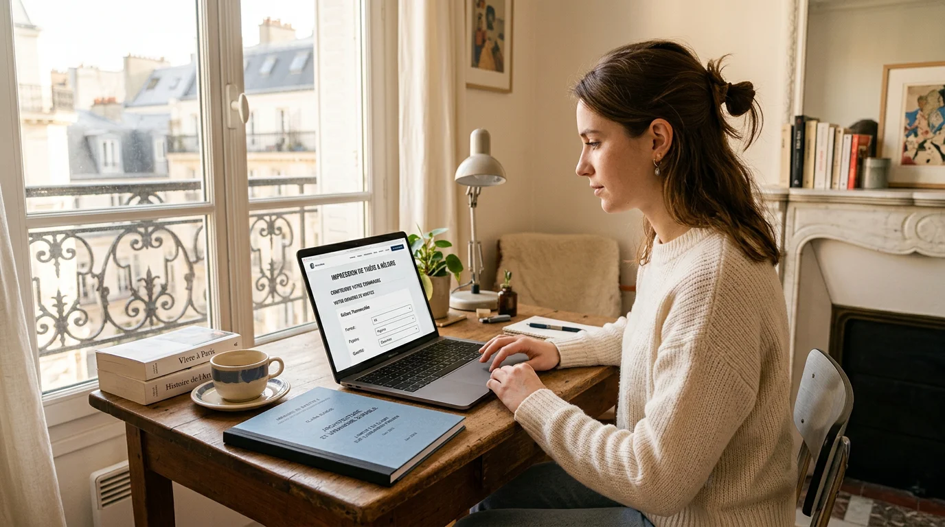 Étudiant commandant l'impression de son mémoire en ligne à Paris