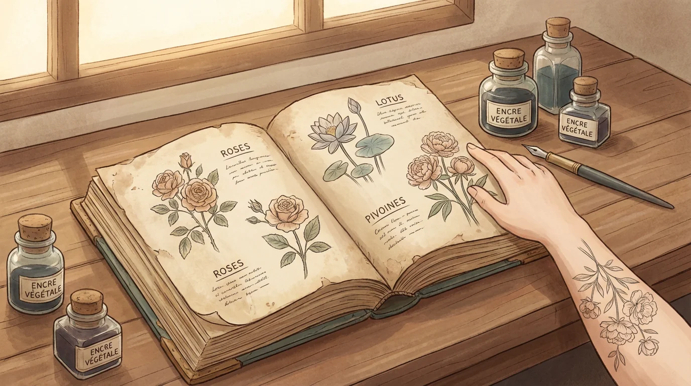 Illustration d'un livre ancien sur le langage des fleurs entouré de dessins botaniques et d'un bras tatoué