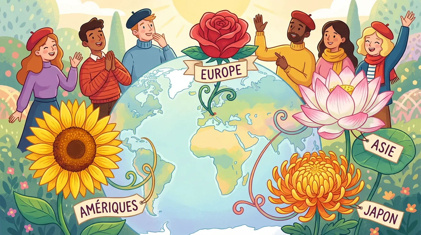 Illustration d'une mappemonde entourée de fleurs symboliques de différentes cultures