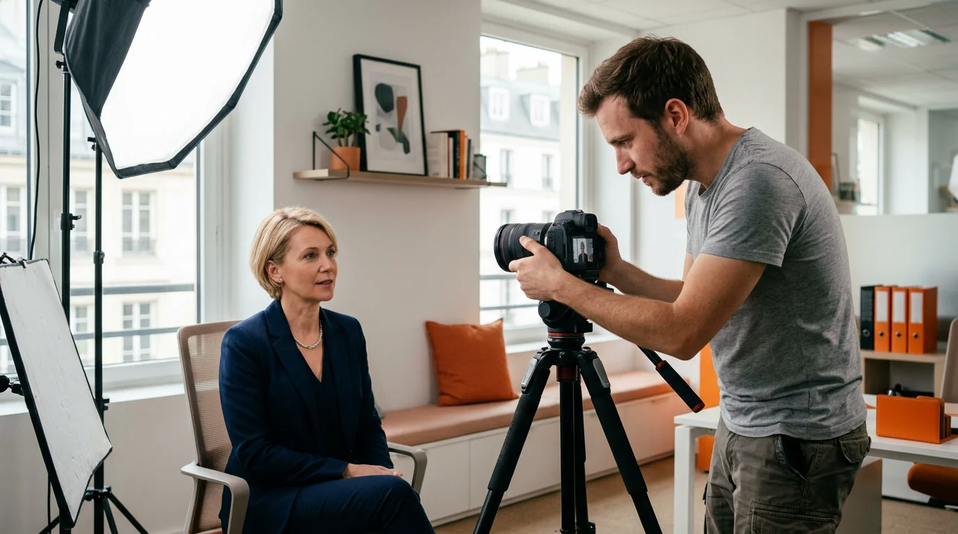Vidéaste freelance en plein tournage d'une interview d'entreprise à Lyon