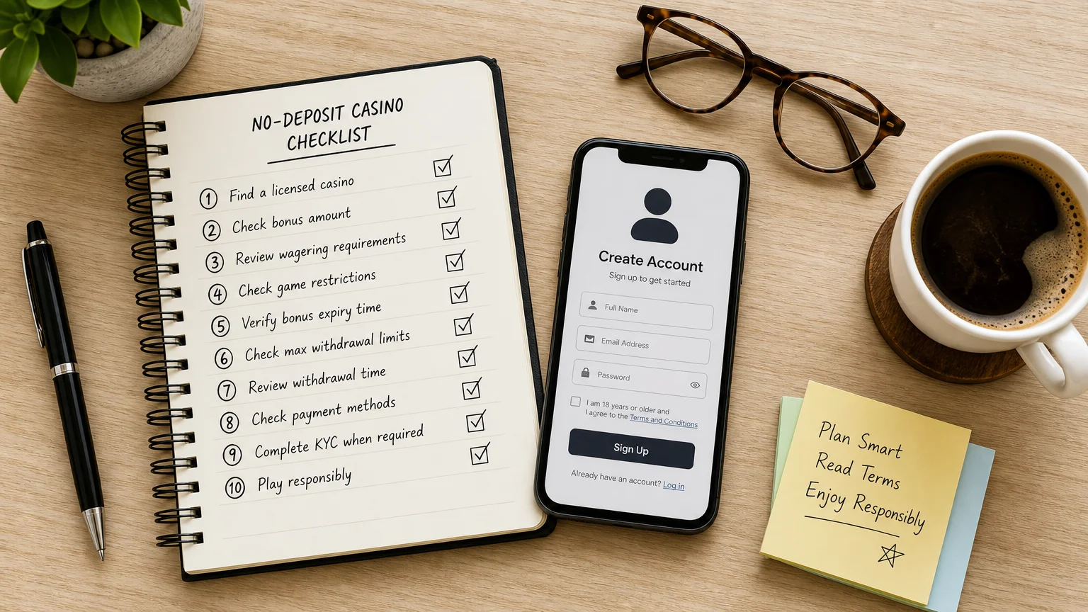 Flat lay of a checklist, phone and coffee illustrating a step-by-step claim process