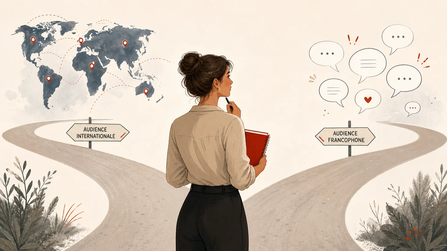 Illustration d’une créatrice comparant une audience internationale et une audience francophone