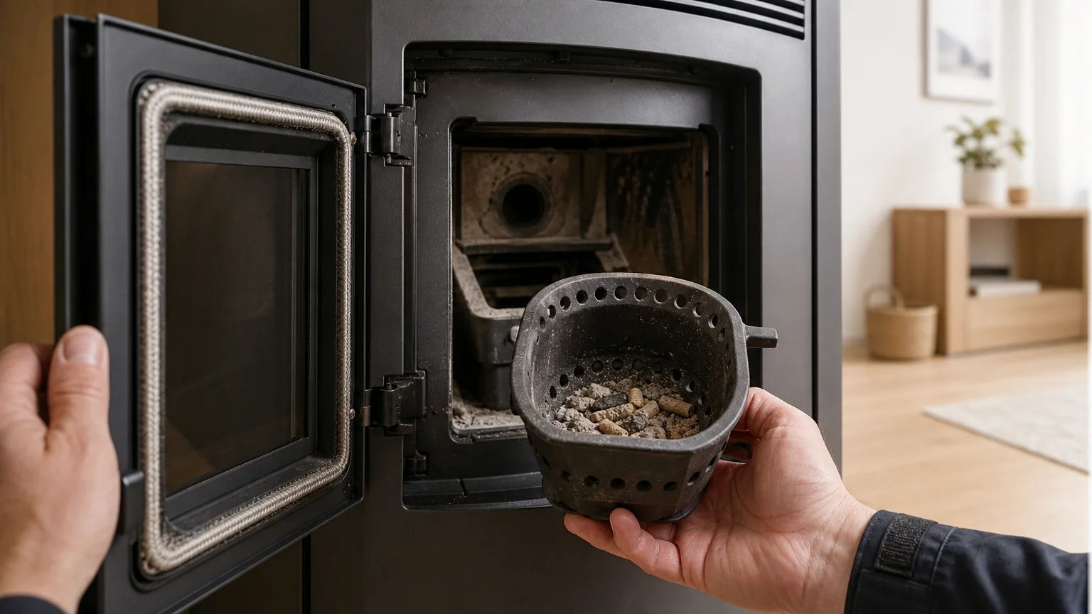 Gros plan sur le creuset d’un poêle à pellets après un allumage raté