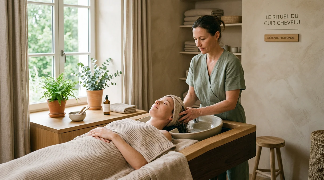 Table de Head Spa professionnelle avec praticienne massant le cuir chevelu d'une cliente