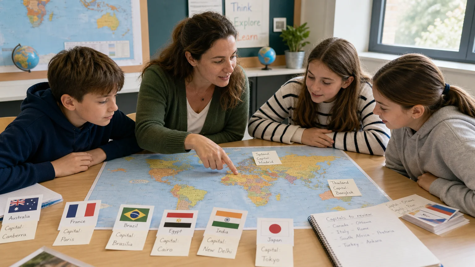 Students practising world capitals with a classroom map