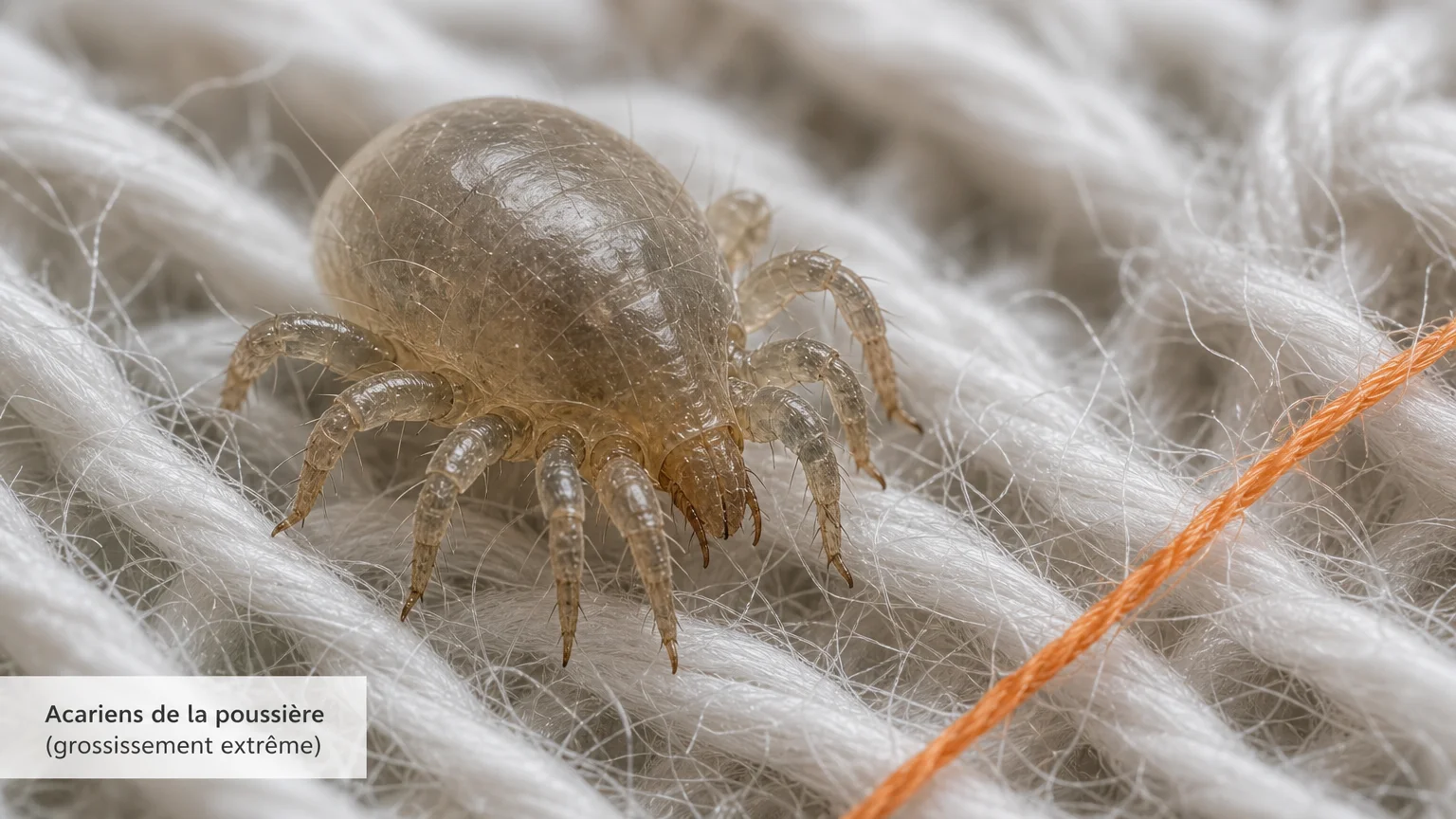 Gros plan macro d'un acarien domestique sur les fibres d'un drap