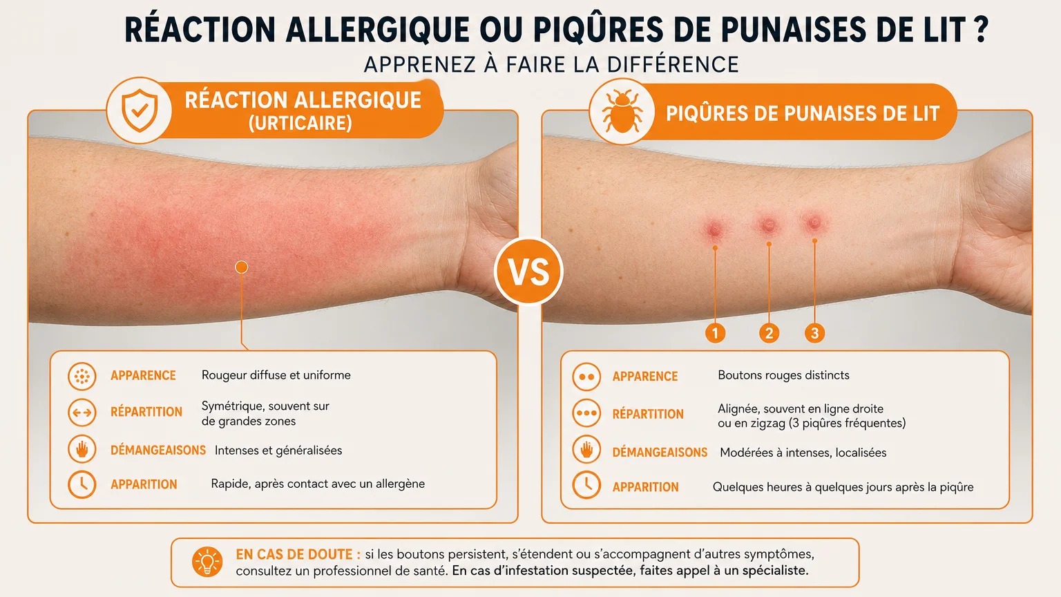 Infographie comparant une réaction allergique aux acariens et des piqûres de punaise de lit