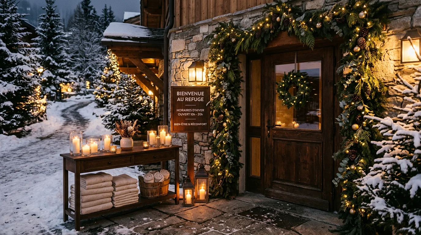 Entrée d'un institut de bien-être décorée pour les fêtes de fin d'année