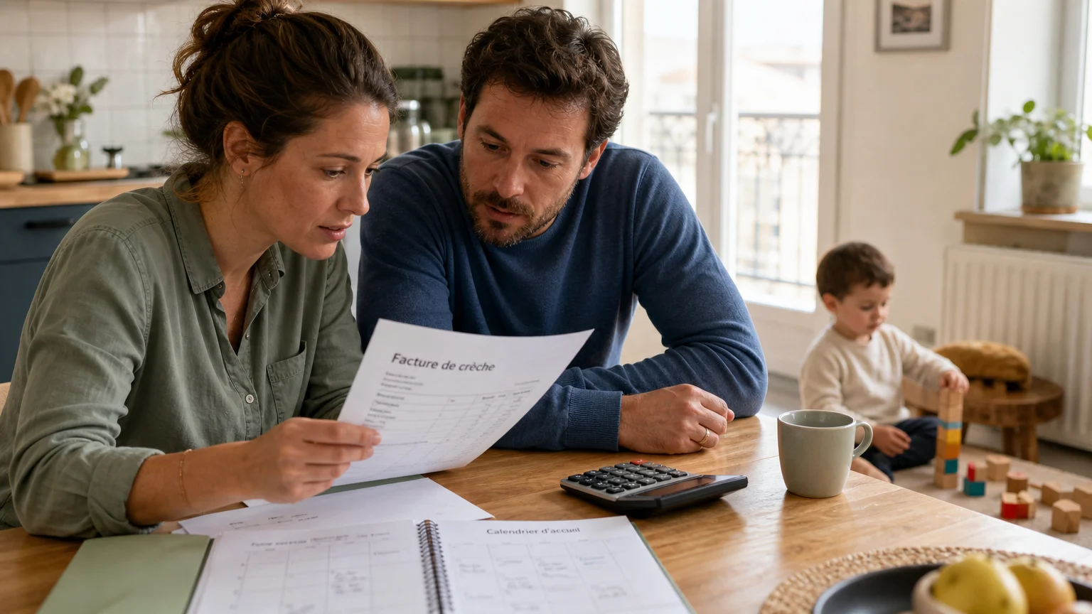 Parents calculant le reste à charge d’une place en crèche
