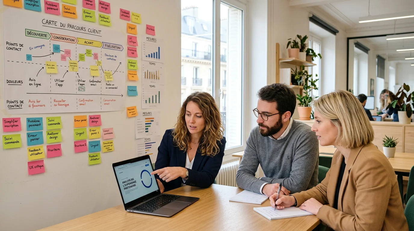 Équipe européenne analysant le parcours client en réunion