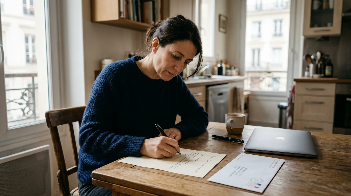Parent rédigeant une lettre de fin de contrat pour sa nounou à la maison