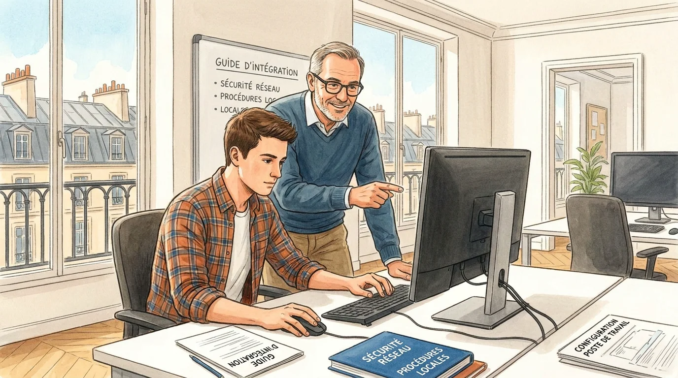 Technicien informatique en alternance configurant un poste de travail sous la supervision d'un collègue
