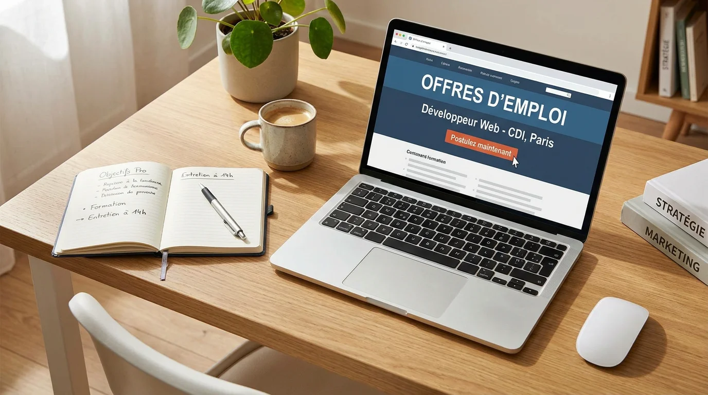 Bureau organisé avec un ordinateur affichant des offres d'alternance en informatique