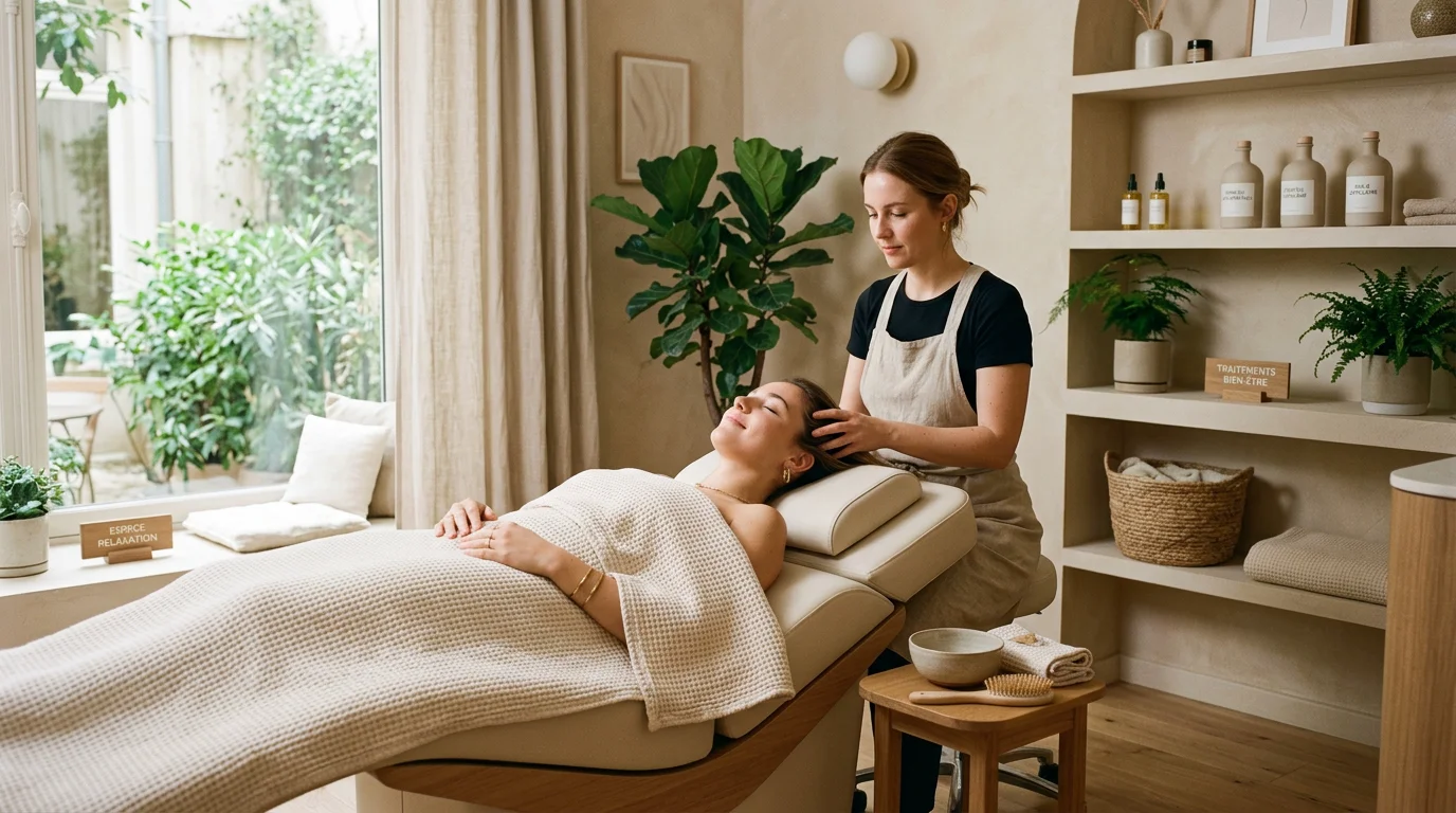 Cliente allongée pour un soin sur une table Head Spa sans raccordement