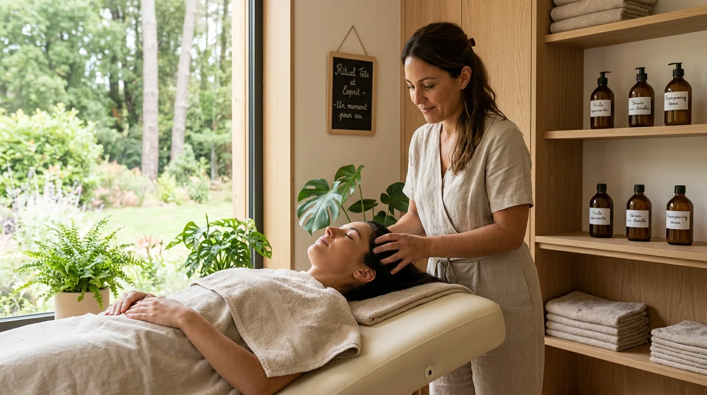 Praticienne réalisant un soin sur une table Head Spa sans raccordement dans un salon