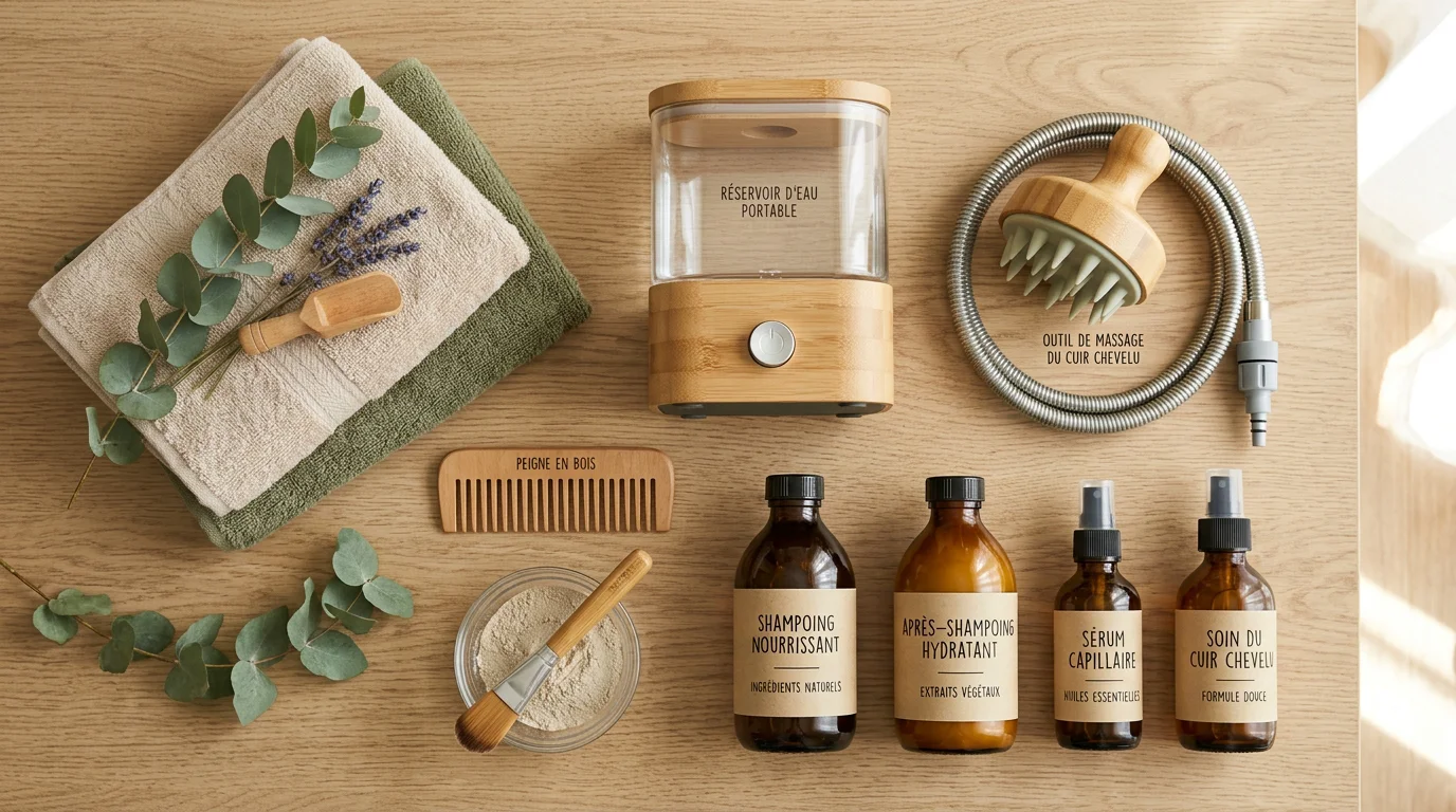 Matériel et produits pour une prestation de Head Spa disposés à plat