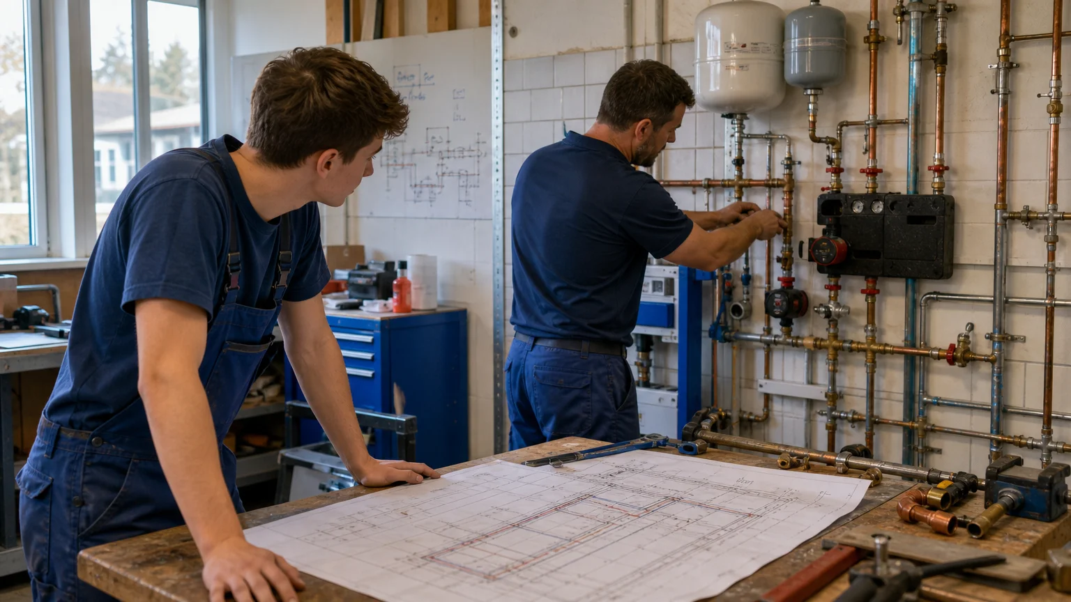 Formation pratique d’un installateur sanitaire dans un atelier en Suisse