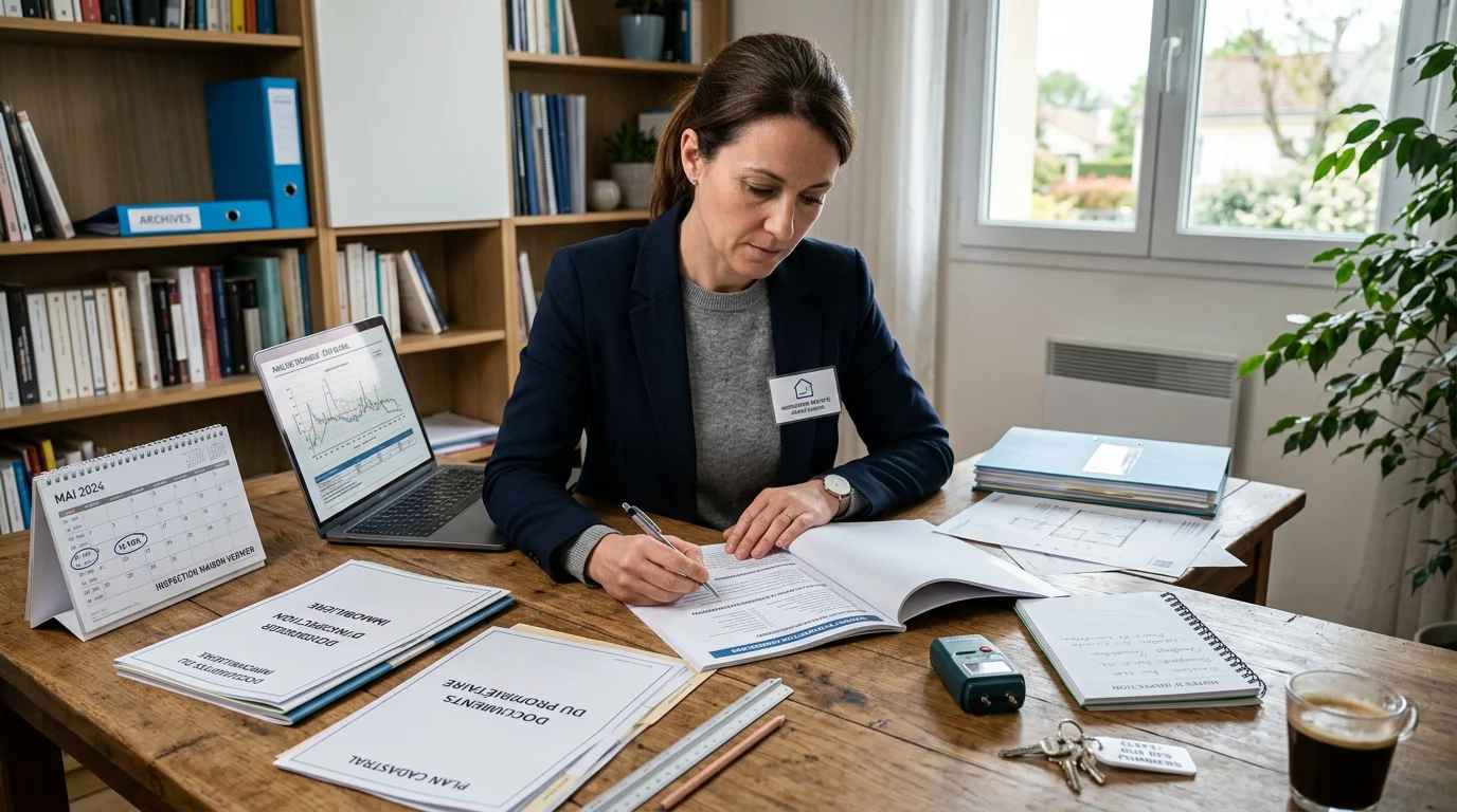Diagnostiqueur vérifiant les dates de validité d'un dossier de diagnostic technique