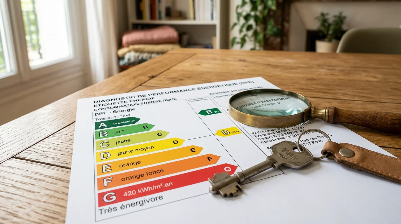 Étiquette énergétique du DPE et clé de logement posées sur un bureau