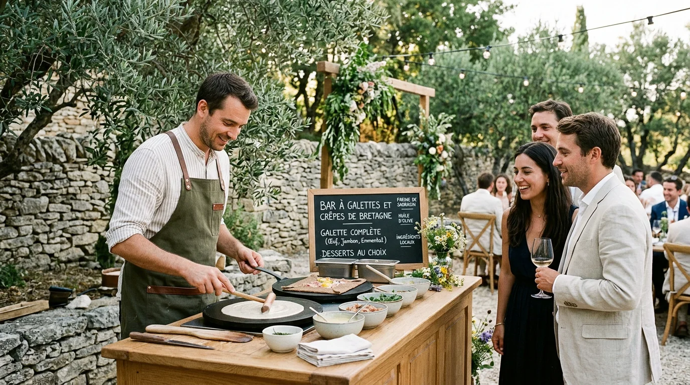 Chef préparant des galettes de sarrasin sur un bar à crêpes lors d'un mariage en Provence