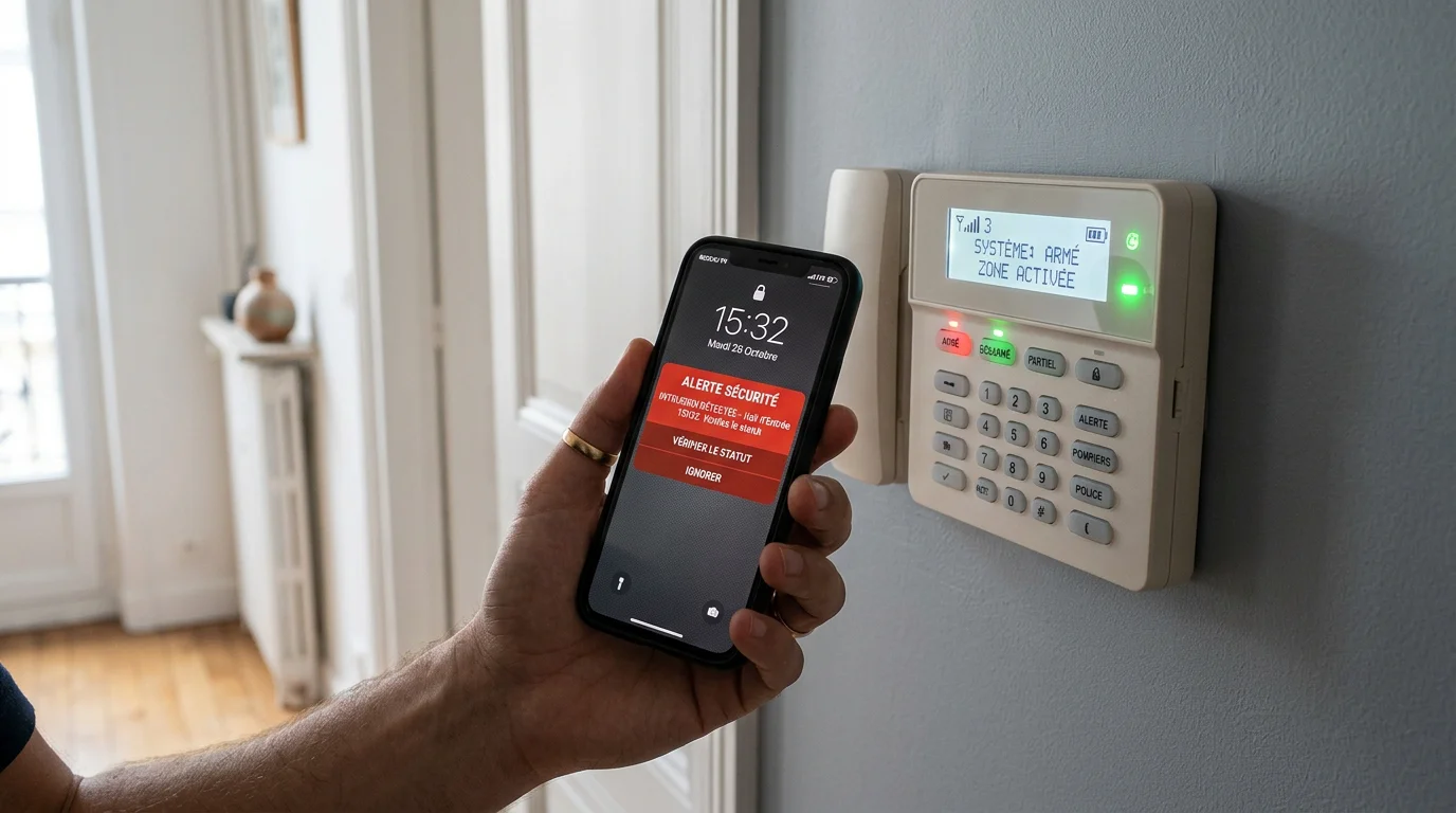 Notification d'alerte sur smartphone à côté d'une centrale d'alarme sans fil
