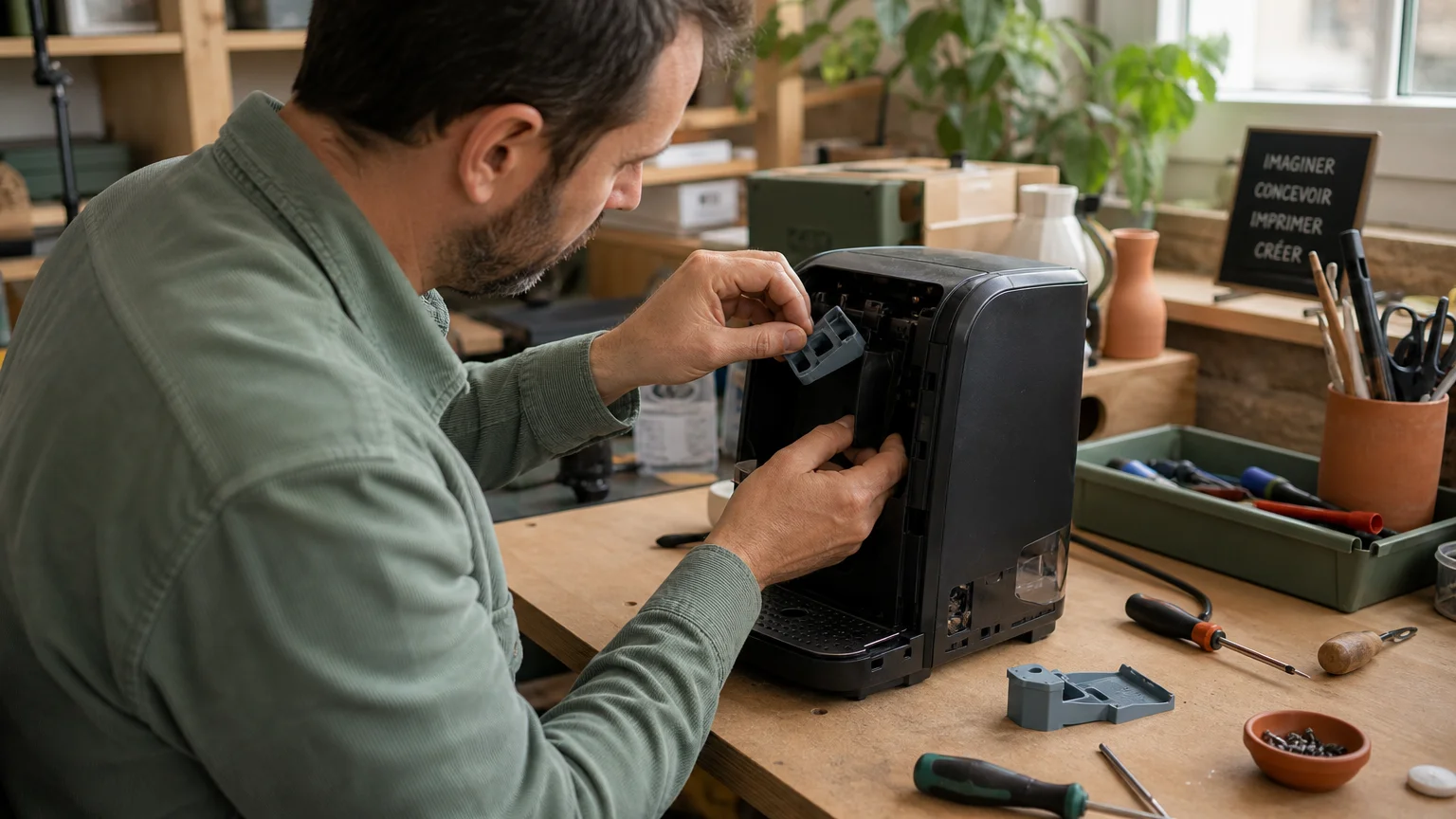 Personne ajustant une pièce imprimée en 3D sur un appareil du quotidien