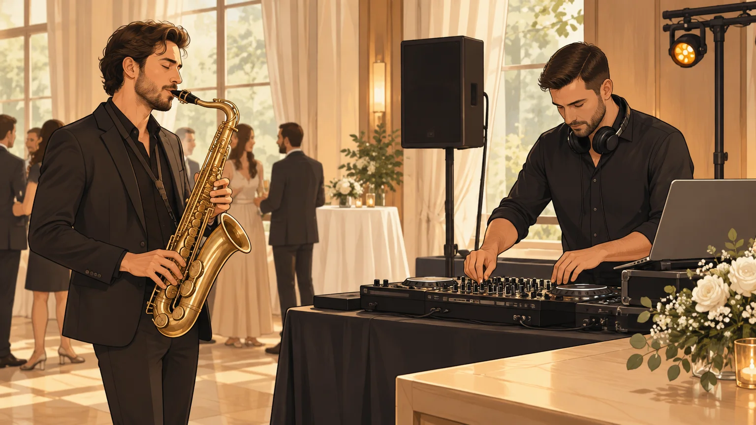 DJ et saxophoniste préparant une animation musicale pour un mariage