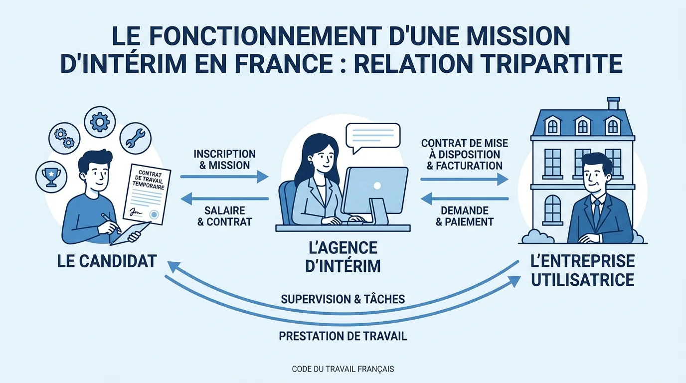Schéma illustrant la relation tripartite d'une mission d'intérim en France