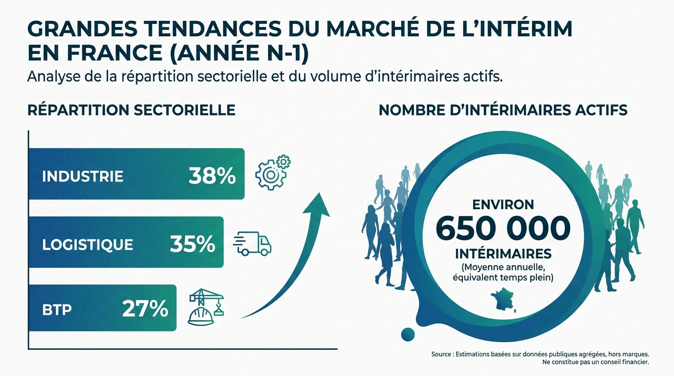 Infographie des tendances du marché de l'intérim en France avec répartition sectorielle