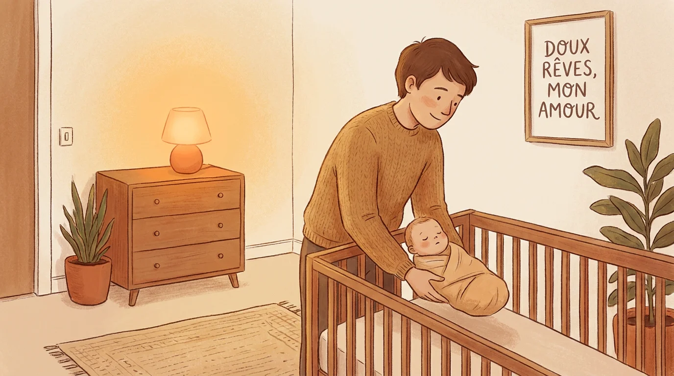 Parent posant un bébé somnolent dans son lit avec douceur, chambre apaisante