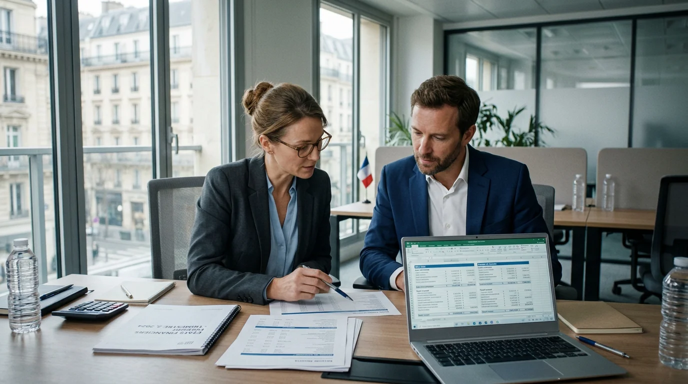Deux professionnels analysant le calcul du besoin en fonds de roulement dans un bureau