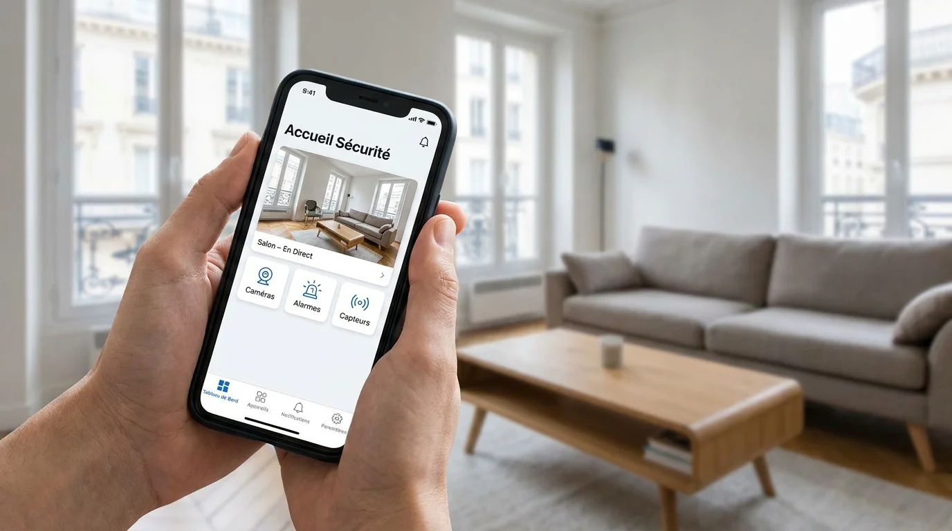 Personne consultant l'application de son alarme connectée sur smartphone dans un salon moderne