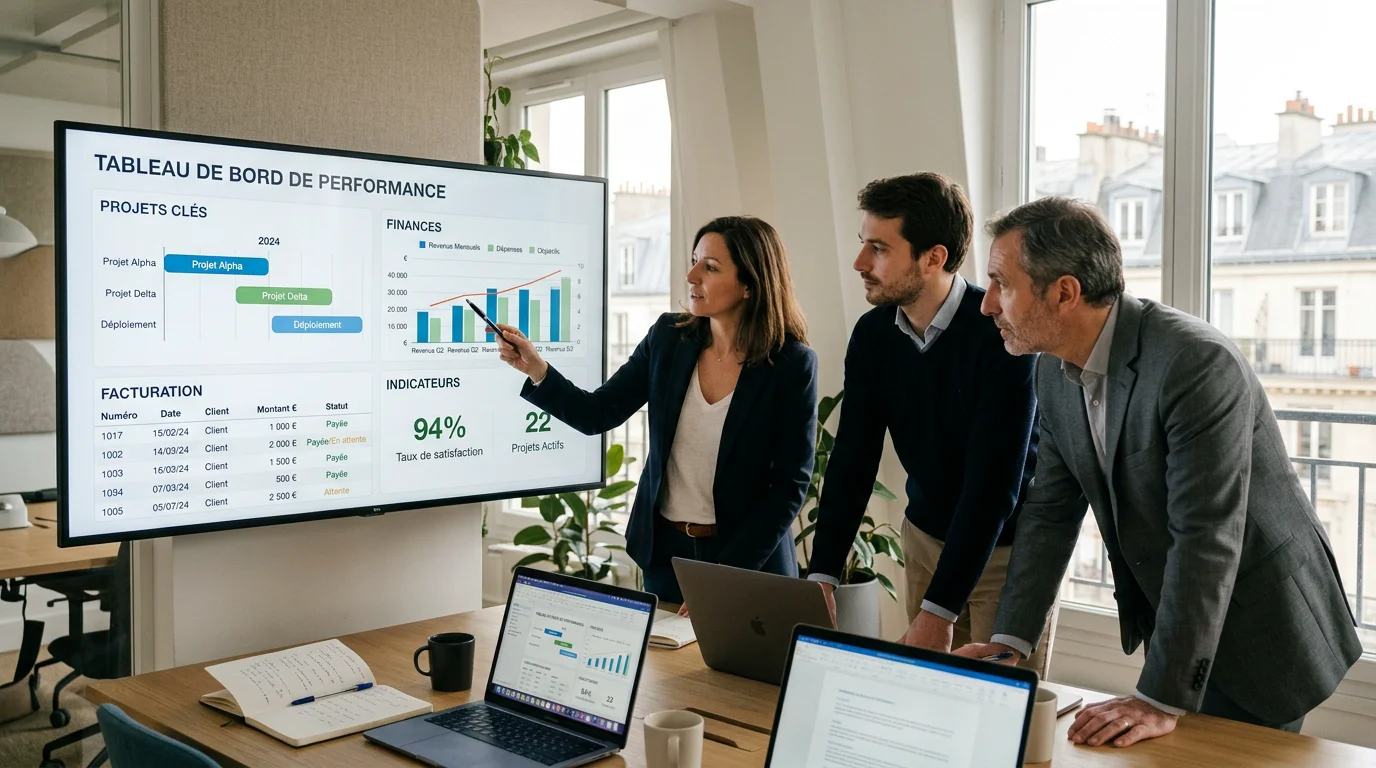 Équipe européenne analysant un tableau de bord de gestion d'entreprise