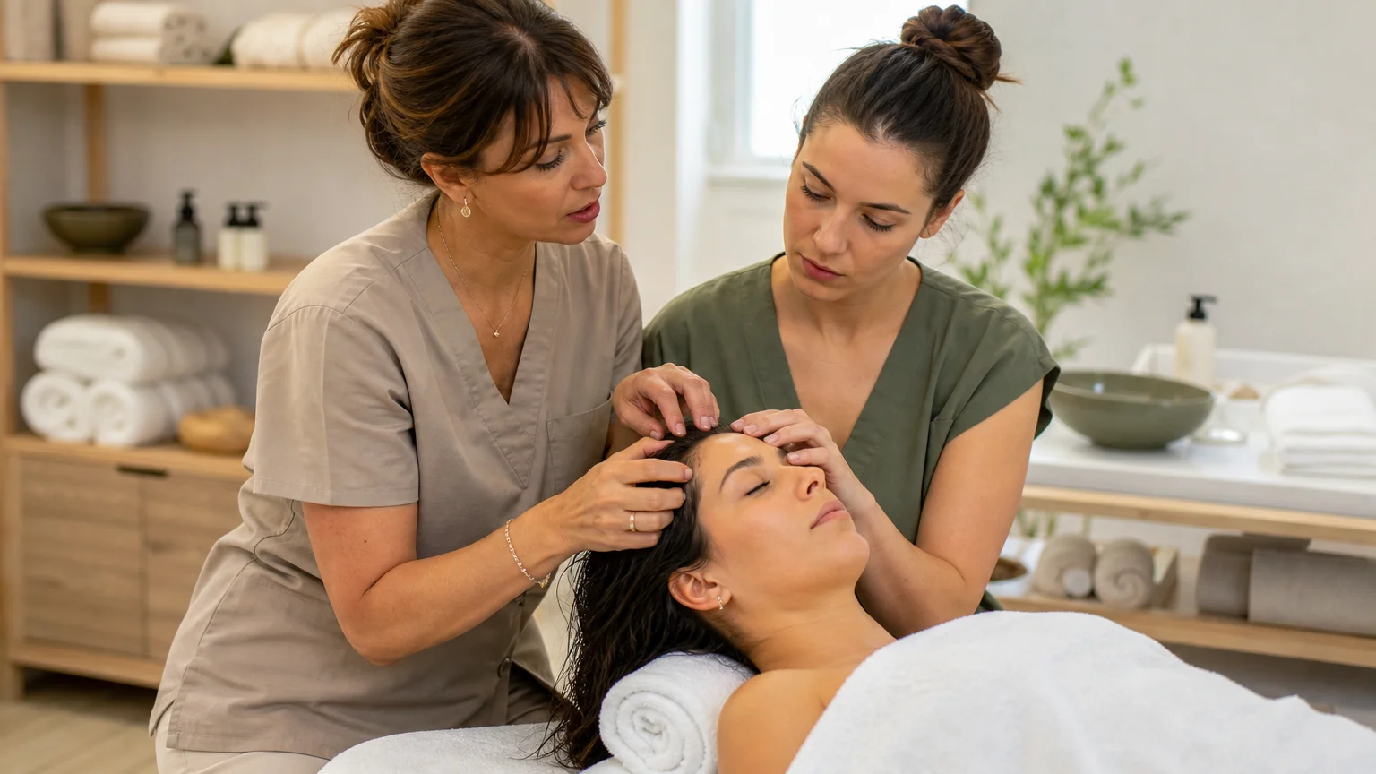 Pratique supervisée d’un massage du cuir chevelu pendant une formation Head Spa