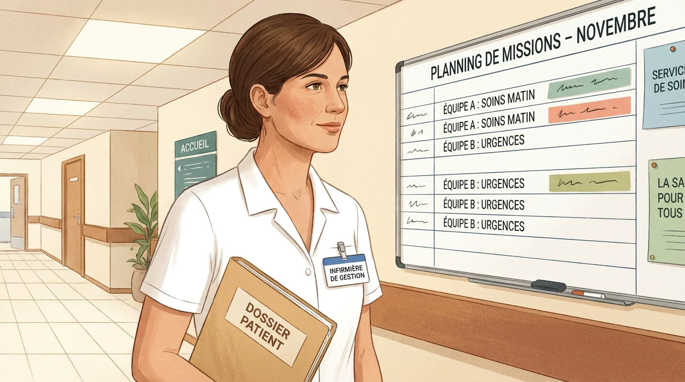 Infirmière intérimaire dans un couloir d'hôpital consultant un planning de missions