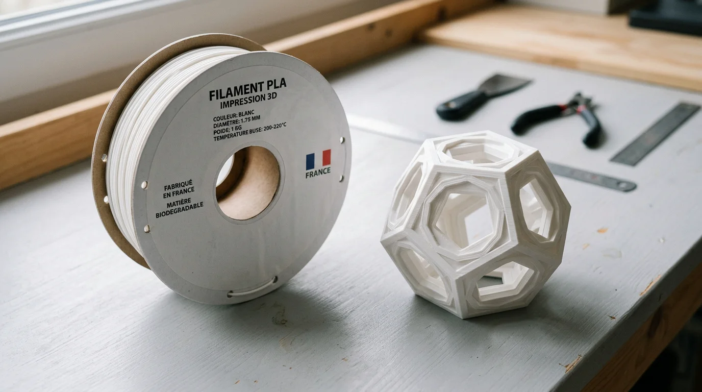 Bobine de filament PLA blanc posée à côté d'une pièce imprimée en 3D