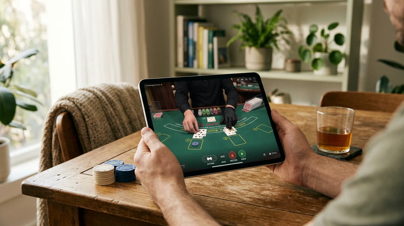 Table de blackjack en direct diffusée sur une tablette avec un croupier