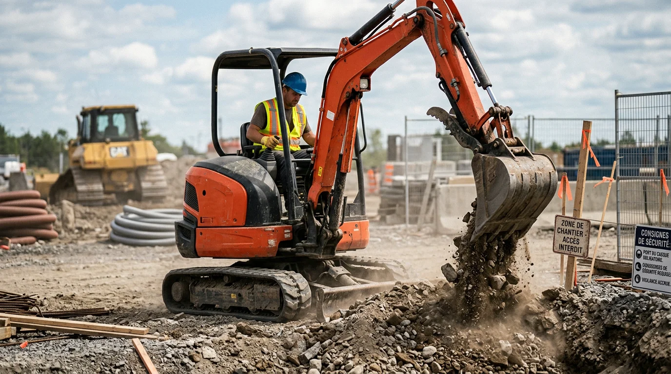 Mini-pelle en action sur un chantier de terrassement en terrain rocheux