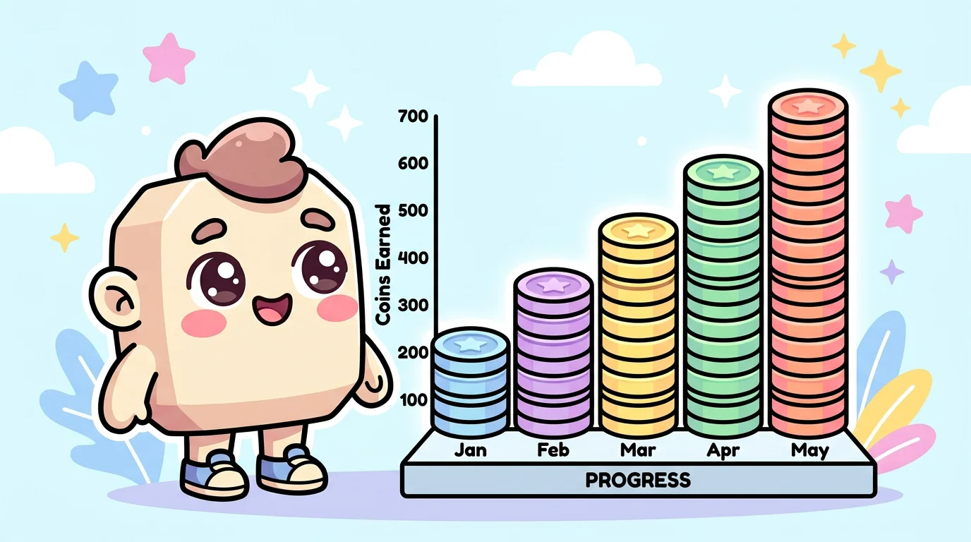 Chibi mascot next to a rising chart of pastel coins showing market growth