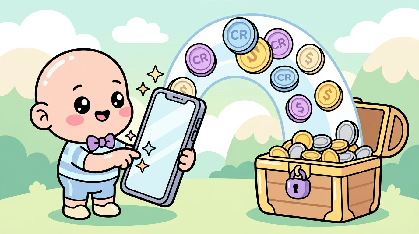 Chibi character on a phone with pastel crypto coins flowing into a treasure chest