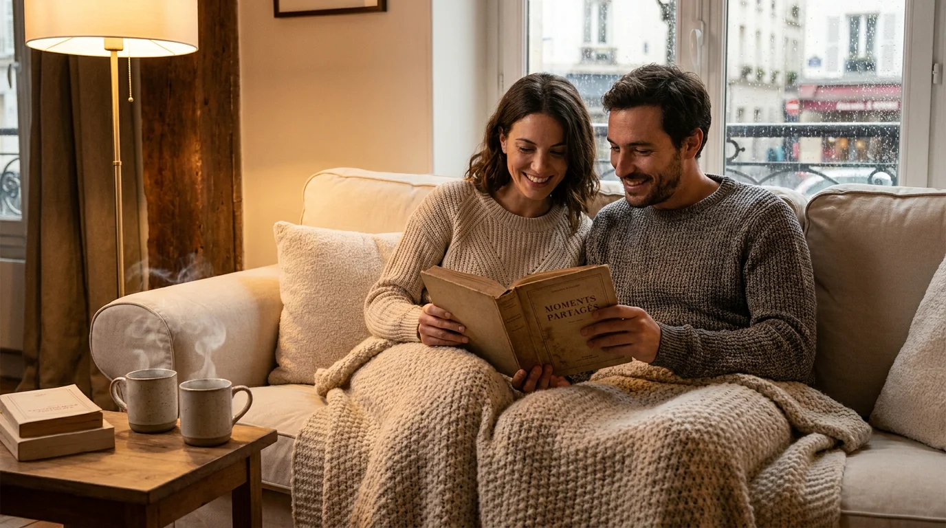 Couple lisant un livre ensemble sur un canapé dans une ambiance chaleureuse