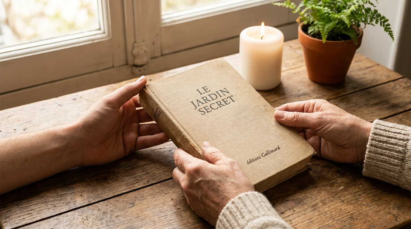 Deux paires de mains tenant un livre ouvert sur une table en bois avec bougie et lumière naturelle