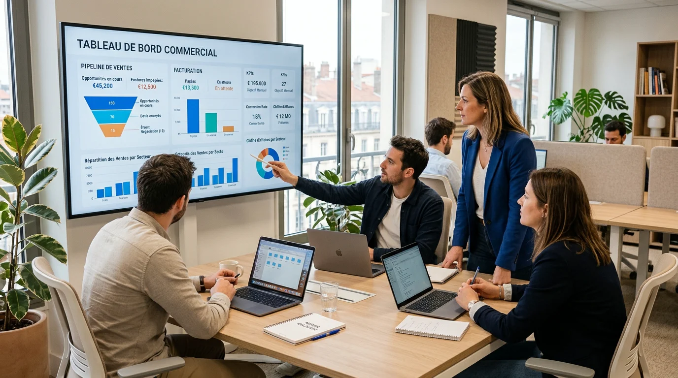Équipe européenne consultant un tableau de bord de gestion commerciale
