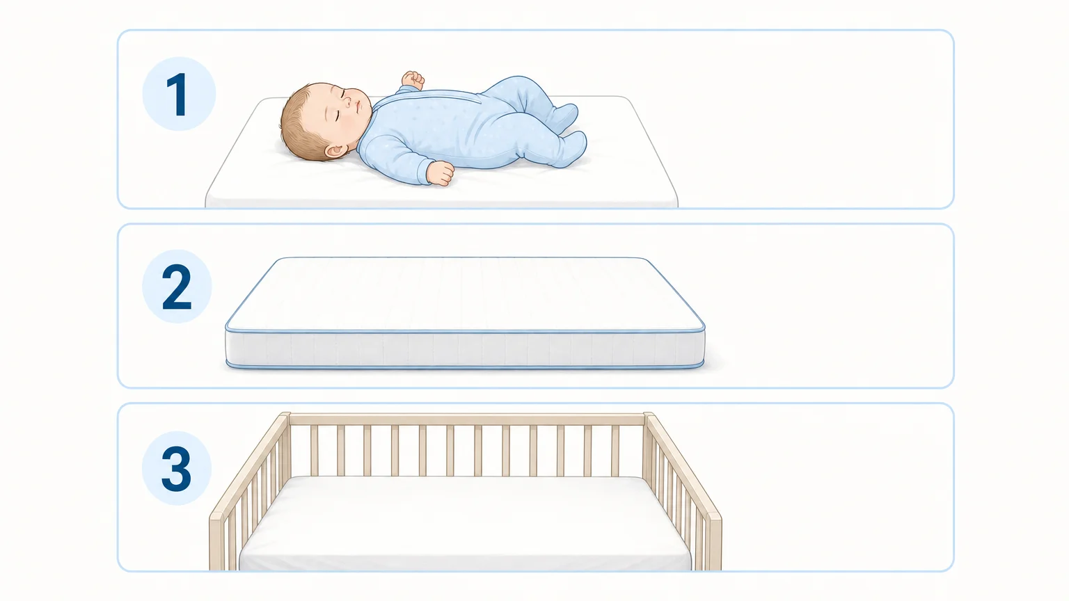 Infographie illustrée des gestes essentiels pour un couchage sûr du bébé.