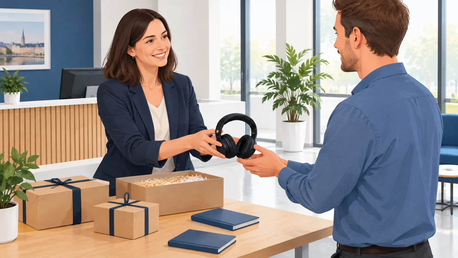 Remise d’un casque audio lors de la distribution d’un welcome pack en entreprise