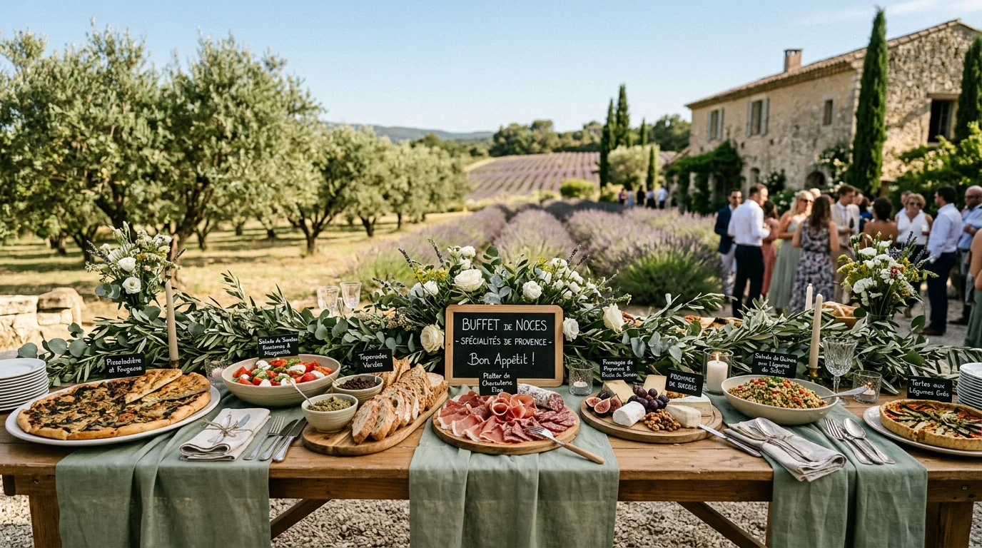 Buffet de mariage en extérieur dans un décor provençal ensoleillé