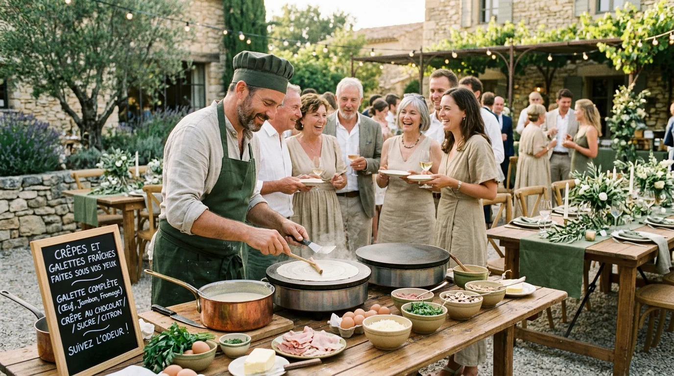 Préparation de crêpes en direct devant les invités d'un mariage
